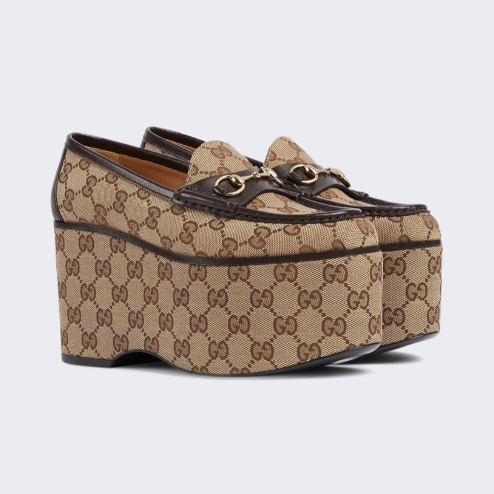 GUCCI Horsebit Wedge Platform Loafers GG Canvas w/Leather Size 9.5 NEW 786009